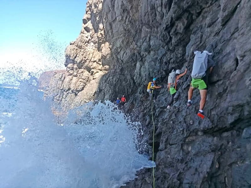Agaete: Gran Canaria Coasteering. Marine Ferrata and Zipline - The cliff walk and the old Aboriginal cave
