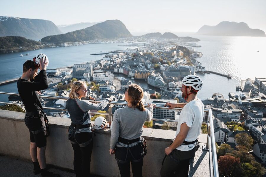 Ålesund: Via Ferrata tour - The halfway bench is both scenic and thrilling
