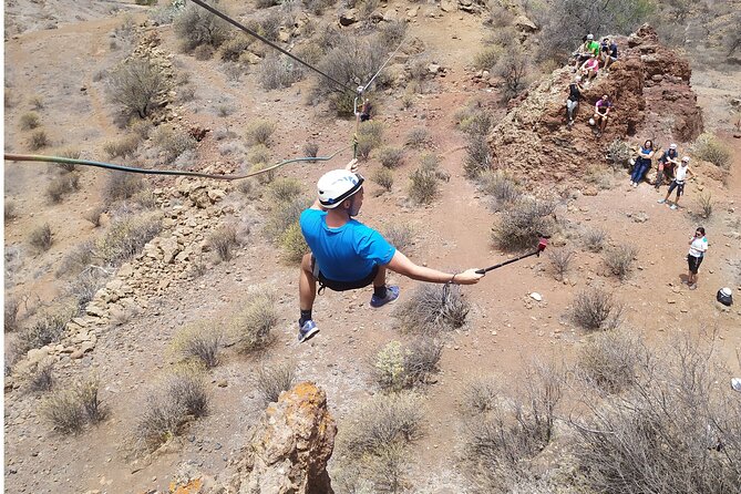 Climbing + Zipline + Via Ferrata + Cave. Adventure route in Gran Canaria - The 50-meter zipline finale