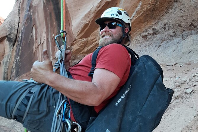 Moab Rappeling Adventure: Medieval Chamber Slot Canyon - Second rappel: 120 feet beside Morning Glory Natural Bridge